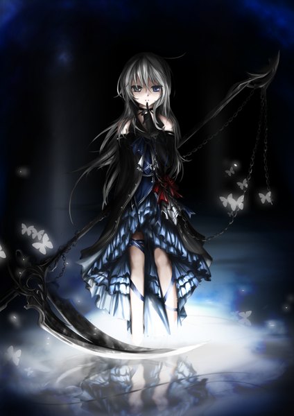 Anime picture 1654x2339 with original closedbox (artist) long hair tall image looking at viewer blue eyes bare shoulders grey hair grey eyes heterochromia girl dress gloves elbow gloves insect butterfly chain scythe