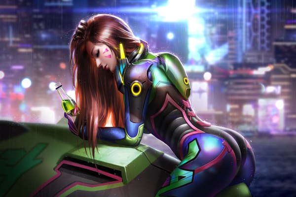 Anime picture 4500x3000 with overwatch blizzard entertainment d.va (overwatch) nano cola d.va liang xing single long hair highres light erotic brown hair absurdres ass eyes closed profile lips realistic wet leaning leaning forward lipstick