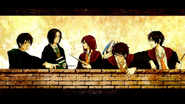 Anime picture 1280x720 with harry potter severus snape lily evans sirius black james potter remus lupin peter pettigrew long hair short hair blue eyes black hair smile brown hair wide image red hair light smile multiple boys group girl boy