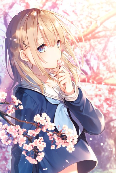 Anime-Bild 836x1243 mit original toosaka asagi single long hair tall image looking at viewer blush fringe blue eyes blonde hair hair between eyes standing holding payot upper body outdoors long sleeves wind blurry depth of field