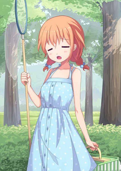 Anime picture 636x900 with gochuumon wa usagi desu ka? white fox hoto cocoa saiste single tall image blush fringe short hair open mouth standing braid (braids) eyes closed orange hair twin braids polka dot girl dress plant (plants) tree (trees)