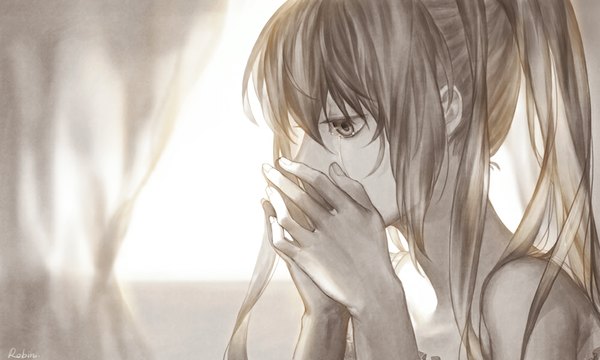 Anime picture 1000x600 with vocaloid hatsune miku robinexile single long hair fringe wide image signed ponytail grey hair grey eyes tears monochrome crying hands on face girl