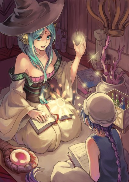 Anime picture 645x911 with magi the labyrinth of magic a-1 pictures aladdin (magi) yamuraiha hinkalo long hair tall image breasts open mouth light erotic sitting blue hair looking away indoors braid (braids) :d aqua eyes from behind off shoulder aqua hair