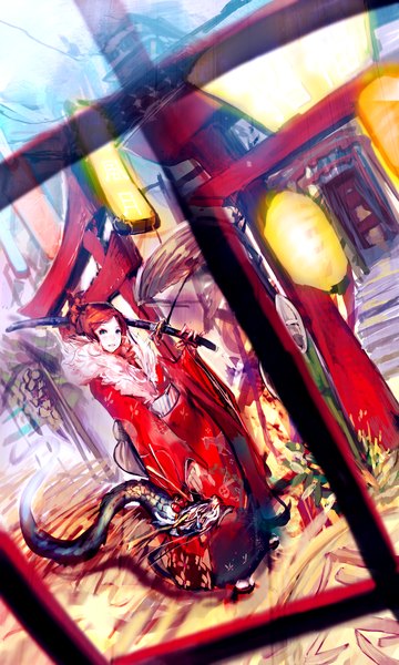 Anime picture 1200x2000 with original so-bin single tall image blush blue eyes red hair nail polish traditional clothes japanese clothes girl weapon animal sword kimono katana fur lantern dragon torii