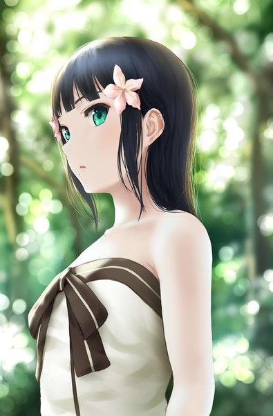 Anime picture 1083x1646 with love live! sunshine!! sunrise (studio) love live! kurosawa dia papi (papiron100) single long hair tall image fringe black hair bare shoulders green eyes payot looking away upper body parted lips hair flower sunlight blurry mole