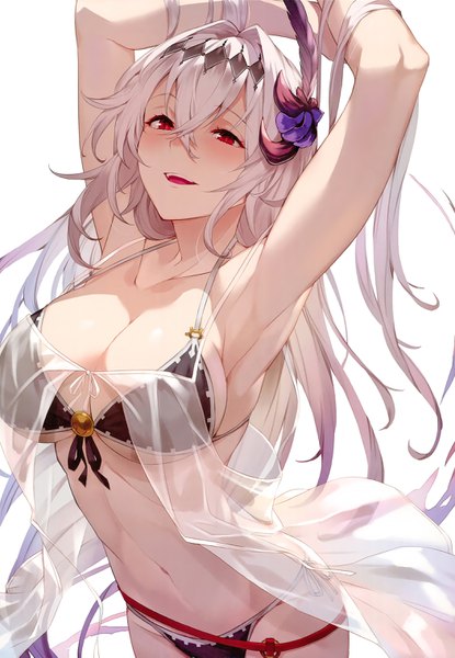 Anime picture 2100x3033 with shingeki no bahamut granblue fantasy jeanne d'arc (granblue fantasy) dark jeanne kakage single tall image looking at viewer blush fringe highres breasts open mouth light erotic simple background hair between eyes red eyes large breasts standing white background