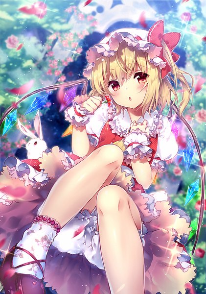 Anime picture 618x880 with touhou flandre scarlet riichu tall image looking at viewer fringe short hair open mouth blonde hair red eyes sitting bent knee (knees) floral print leg lift (legs lift) shiny girl bow plant (plants) animal petals