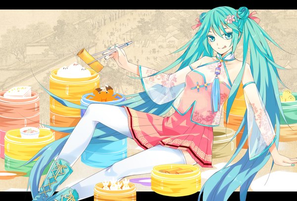 Anime picture 1748x1181 with vocaloid hatsune miku irisssy (artist) long hair highres twintails aqua eyes aqua hair :p girl thighhighs hair ornament detached sleeves white thighhighs food boots hairclip