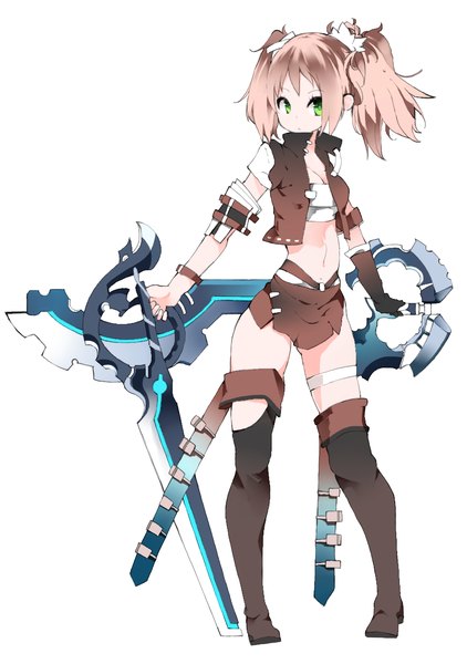 Anime picture 866x1231 with original kotatu (akaki01aoki00) single tall image looking at viewer short hair light erotic simple background standing white background twintails green eyes pink hair bare belly short twintails girl navel weapon boots thigh boots
