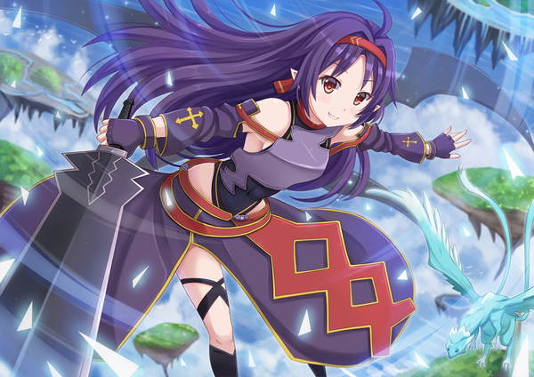 Anime picture 1337x945 with sword art online a-1 pictures yuuki (sao) kazenokaze single long hair looking at viewer blush smile red eyes purple hair pointy ears fantasy girl gloves weapon sword wings hairband fingerless gloves