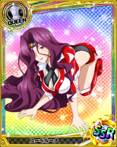 Anime picture 640x800 with highschool dxd yubelluna single tall image looking at viewer fringe breasts light erotic purple eyes purple hair very long hair hair over one eye card (medium) girl hair ornament boots thigh boots