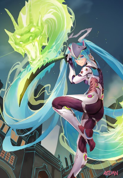 Anime picture 900x1300 with overwatch vocaloid blizzard entertainment hatsune miku genji (overwatch) atdan single tall image looking at viewer fringe smile hair between eyes twintails holding signed payot bent knee (knees) outdoors very long hair horn (horns)