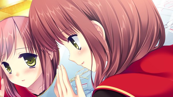 Anime picture 1024x576 with lovely quest long hair blush brown hair wide image yellow eyes game cg girl mirror