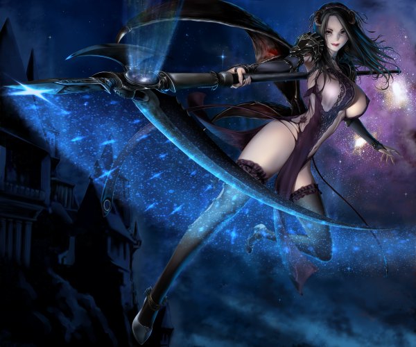 Anime picture 2400x2000 with original shisshou senkoku single long hair looking at viewer highres breasts light erotic black hair large breasts brown eyes horn (horns) night dark background girl thighhighs weapon black thighhighs scythe