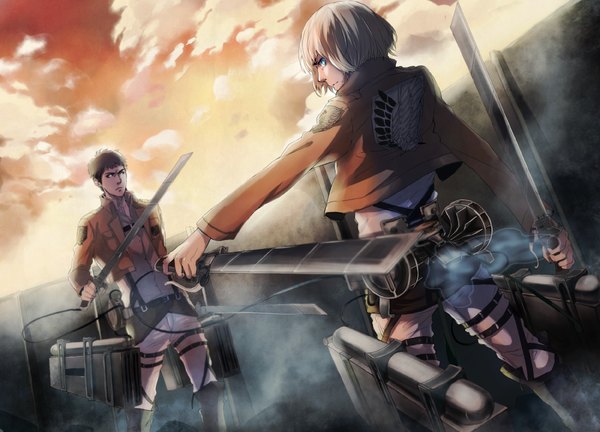 Anime picture 1200x864 with shingeki no kyojin production i.g armin arlert jean kirstein saito yukihiro short hair blue eyes blonde hair brown hair holding brown eyes sky cloud (clouds) profile open clothes open jacket back dual wielding boy weapon