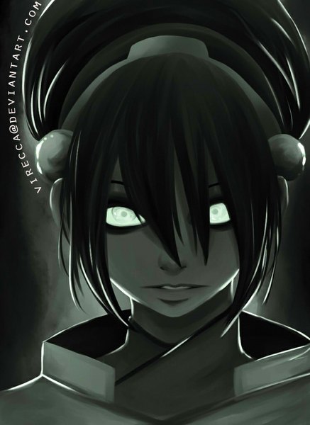 Anime picture 746x1024 with avatar: the last airbender nickelodeon toph beifong tagme (artist) single tall image looking at viewer short hair black hair green eyes traditional clothes dark background close-up face girl hair ornament hairclip