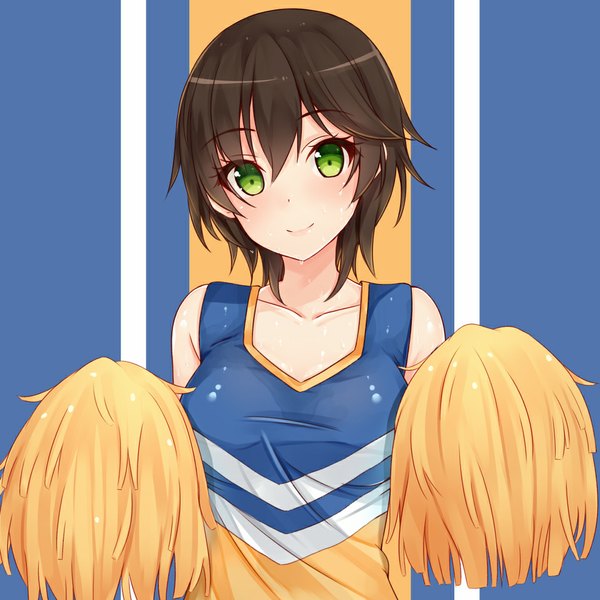 Anime picture 960x960 with original hiiragi hajime single looking at viewer blush short hair breasts black hair smile green eyes sweat striped striped background girl uniform gym uniform pompon