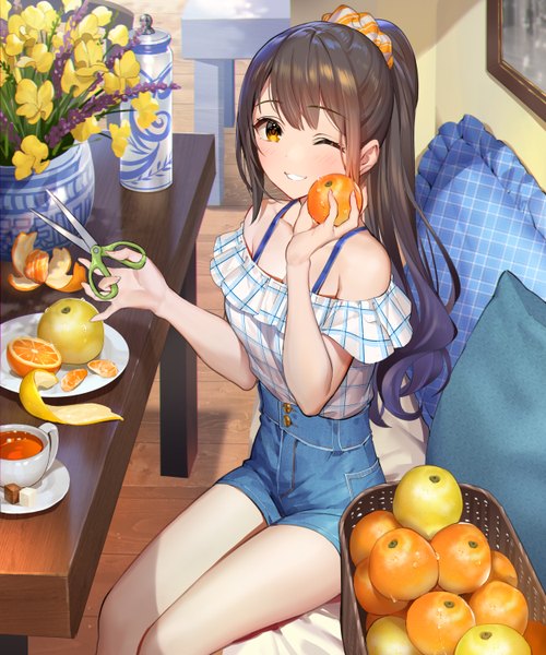 Anime picture 2500x3000 with original teffish single long hair tall image looking at viewer blush fringe highres breasts smile brown hair sitting bare shoulders holding yellow eyes payot ponytail indoors one eye closed