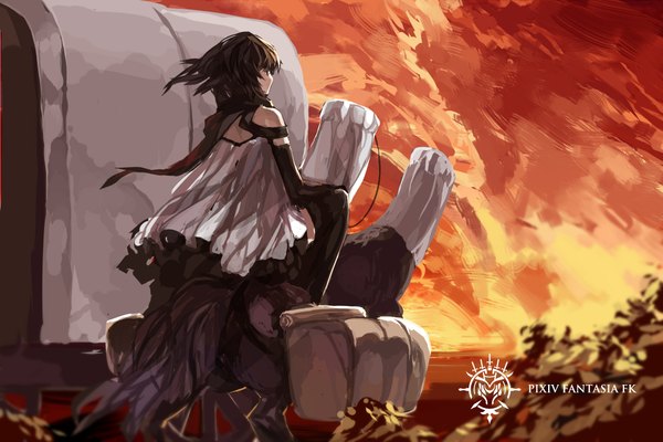 Anime picture 2125x1417 with original pixiv fantasia pixiv fantasia fallen kings paradise (character) swd3e2 single highres short hair black hair cloud (clouds) black eyes girl thighhighs dress gloves black thighhighs elbow gloves scarf