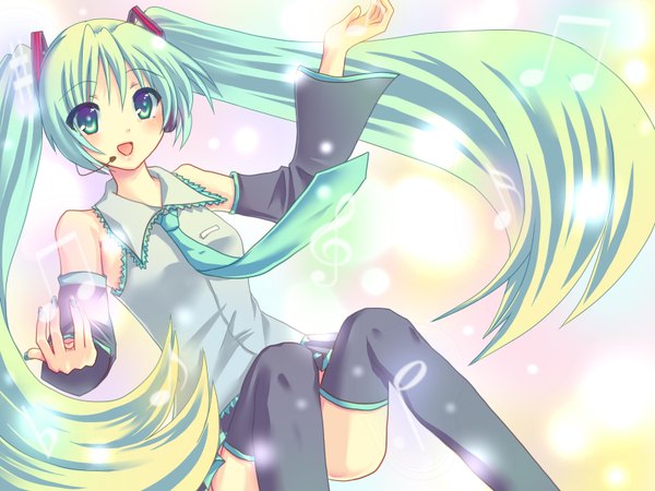 Anime picture 1600x1200 with vocaloid hatsune miku mizuno yun single long hair looking at viewer open mouth blue eyes twintails payot bent knee (knees) nail polish aqua hair spread arms weightlessness girl thighhighs black thighhighs detached sleeves necktie