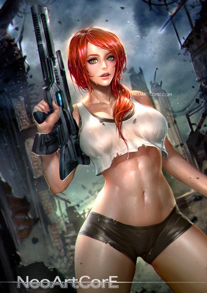 Anime picture 800x1132 with original nudtawut thongmai single long hair tall image looking at viewer breasts light erotic large breasts standing green eyes signed red hair parted lips arm up lips realistic bare belly midriff watermark