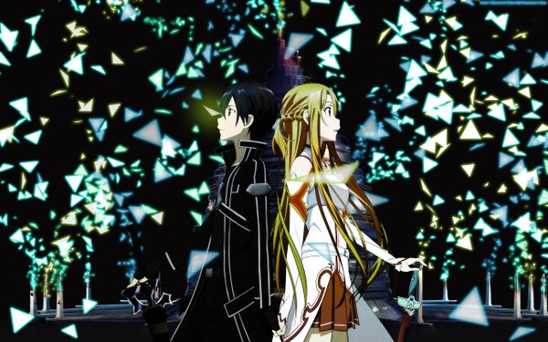 Anime picture 2560x1600 with sword art online a-1 pictures yuuki asuna kirigaya kazuto long hair highres short hair open mouth black hair blonde hair wide image brown eyes profile couple back to back girl boy weapon detached sleeves sword