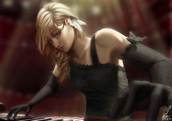 Anime picture 4961x3508 with original lepus single long hair looking at viewer highres blue eyes blonde hair bare shoulders signed absurdres lips pointy ears girl dress gloves black gloves elbow gloves black dress insect