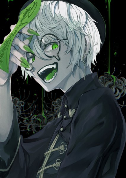 Anime picture 1075x1518 with original canned rose single tall image looking at viewer fringe short hair open mouth hair between eyes green eyes signed silver hair upper body traditional clothes :d chinese clothes jiangshi boy flower (flowers) hat