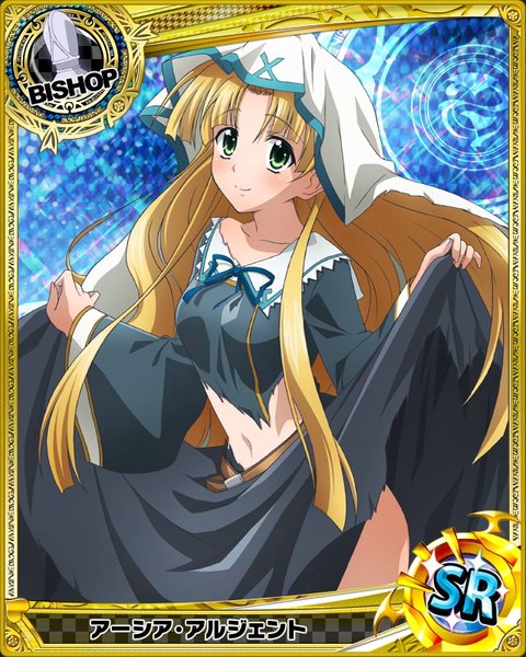 Anime picture 640x800 with highschool dxd asia argento single long hair tall image looking at viewer blush blonde hair smile green eyes torn clothes card (medium) girl dress
