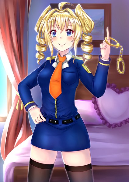 Anime picture 849x1200 with highschool dxd ravel phenex arkfield single long hair tall image looking at viewer blush fringe breasts blue eyes blonde hair smile hair between eyes large breasts standing holding payot ahoge indoors