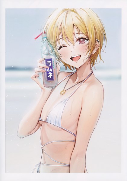 Anime picture 4891x6965 with idolmaster idolmaster shiny colors saijou juri ame (uten cancel) single tall image looking at viewer blush fringe highres short hair breasts open mouth light erotic blonde hair smile hair between eyes red eyes absurdres upper body