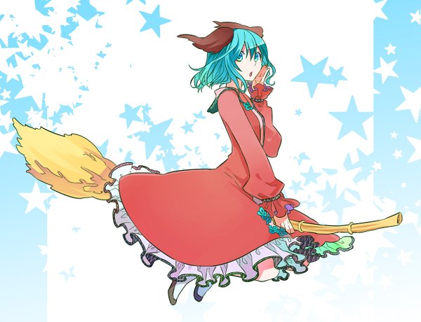 Anime picture 1303x1000 with touhou kasodani kyouko kintaro single short hair blue eyes blue hair broom riding girl dress star (symbol) broom