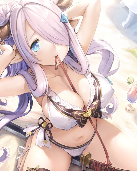 Anime picture 1610x2000 with granblue fantasy narmaya (granblue fantasy) narmaya (summer) (granblue fantasy) sayika single long hair tall image looking at viewer blush fringe breasts blue eyes light erotic smile large breasts sitting holding payot cleavage purple hair