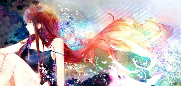Anime picture 2300x1100 with original e (a92157) single long hair fringe highres blue eyes brown hair wide image sitting bare shoulders looking away very long hair bare legs floral print checkered checkered background girl dress black dress