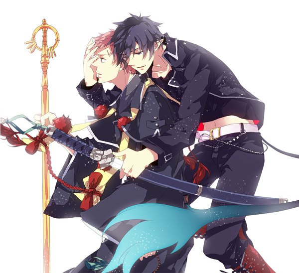 Anime picture 1145x1046 with ao no exorcist a-1 pictures okumura rin shima renzou sara666 (roentgen666) short hair open mouth blue eyes black hair simple background white background pink hair tail profile pink eyes pointy ears multiple boys scar boy navel