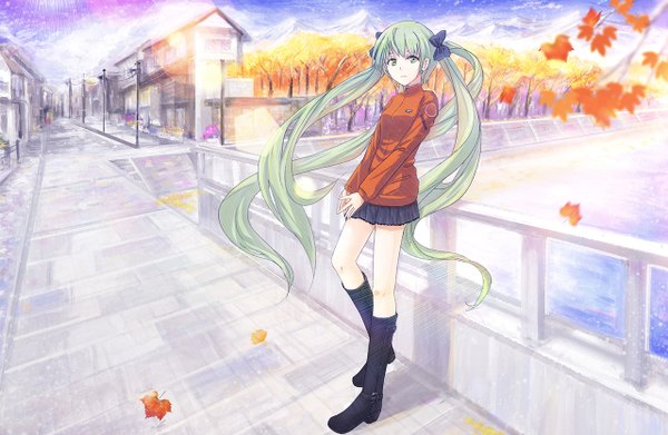 Anime picture 1280x836 with vocaloid hatsune miku canji0 single twintails very long hair aqua eyes aqua hair girl skirt bow plant (plants) hair bow tree (trees) boots leaf (leaves)