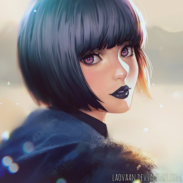 Anime picture 900x900 with original laovaan single looking at viewer blush fringe short hair black hair purple eyes signed upper body outdoors blunt bangs parted lips looking back sunlight inscription lipstick lens flare bob cut