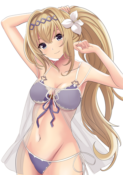 Anime picture 1414x2000 with granblue fantasy jeanne d'arc (granblue fantasy) manjirou (manji illust) john manjirou (love-love-happy21) single long hair tall image looking at viewer blush fringe breasts light erotic blonde hair simple background hair between eyes standing white background bare shoulders payot ponytail