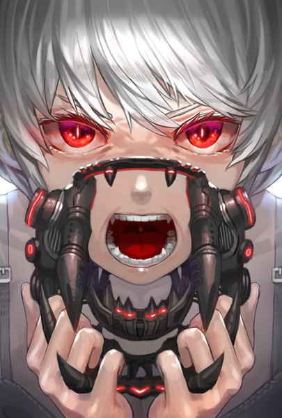 Anime picture 654x967 with original kfr single tall image looking at viewer fringe short hair open mouth hair between eyes red eyes holding silver hair upper body teeth fang (fangs) close-up slit pupils angry screaming girl