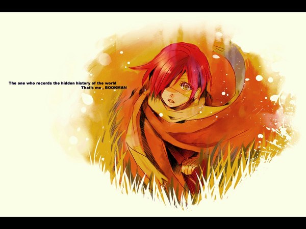 Anime picture 1024x768 with d.gray-man lavi white background red hair boy plant (plants) scarf bag cloak grass eyepatch child (children)