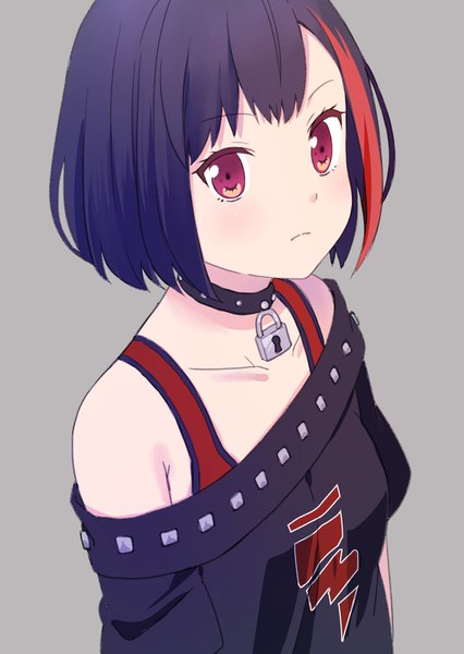 Anime picture 1000x1408 with bang dream! mitake ran shati single tall image looking at viewer blush short hair black hair simple background red eyes bare shoulders upper body multicolored hair grey background two-tone hair streaked hair girl choker lock
