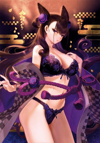 Anime picture 4915x6985 with fate (series) fate/grand order murasaki shikibu (fate) mashuu (neko no oyashiro) single long hair tall image looking at viewer fringe highres breasts light erotic simple background hair between eyes brown hair large breasts standing purple eyes payot absurdres