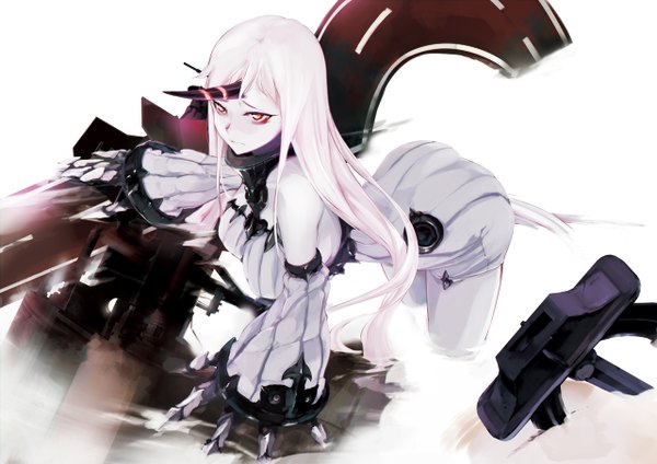 Anime picture 1280x905 with kantai collection seaport hime blockhead single long hair light erotic red eyes white background bare shoulders looking away white hair horn (horns) on all fours arched back shinkaisei-kan girl dress detached sleeves short dress sweater dress