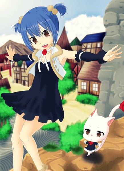 Anime picture 3500x4820 with fairy tail wendy marvell charle (fairy tail) osama00 tall image highres short hair open mouth smile twintails brown eyes blue hair absurdres sky cloud (clouds) armpit (armpits) loli coloring short twintails spread arms