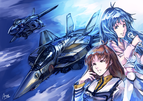 Anime picture 842x595 with macross macross: do you remember love? the super dimension fortress macross lynn minmay hayase misa vf-1 ichijou hikaru roy focker vf-1 super kikai-zaru long hair fringe breasts smile brown hair multiple girls holding brown eyes signed blue hair