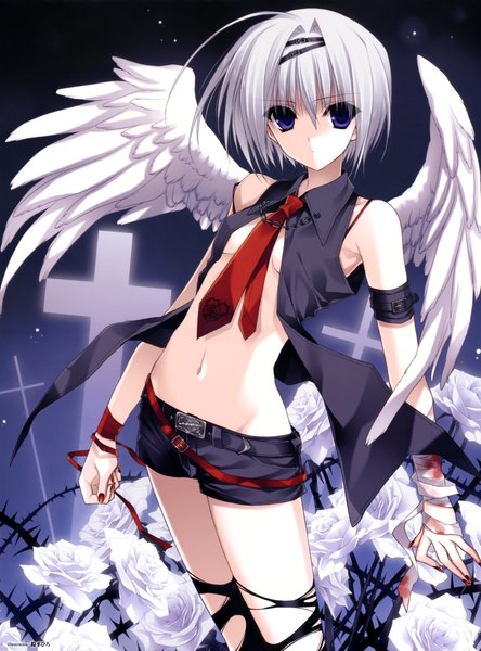 Anime picture 3476x4696 with suzuhira hiro single tall image highres short hair blue eyes light erotic bare shoulders absurdres ahoge white hair midriff girl navel flower (flowers) wings necktie shorts rose (roses) bandage (bandages)