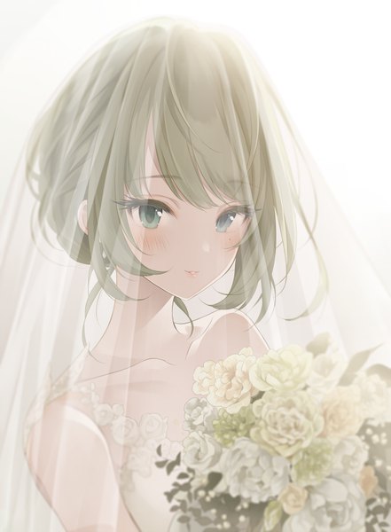 Anime picture 614x836 with idolmaster idolmaster cinderella girls takagaki kaede q-v (levia) single tall image looking at viewer blush fringe short hair blue eyes simple background brown hair white background green eyes payot upper body parted lips light smile mole