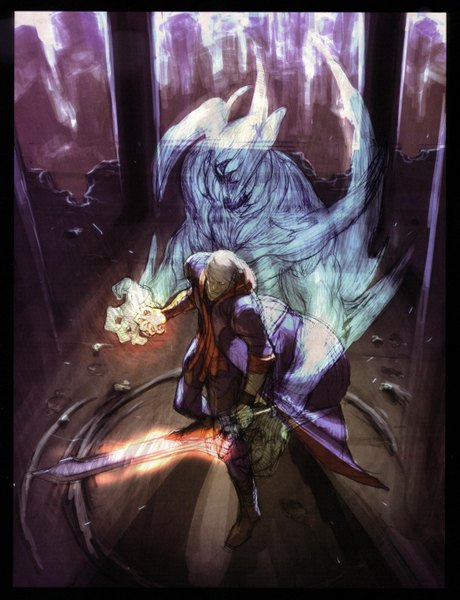 Anime picture 2204x2876 with devil may cry nero (devil may cry) tsuchibayashi makoto single tall image highres short hair white hair framed ghost boy weapon sword cloak devil bringer red queen (sword)