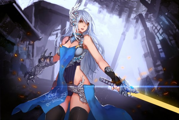 Anime picture 1300x878 with original xiaoshou xiansheng single long hair light erotic bare shoulders brown eyes looking away white hair girl thighhighs dress gloves hair ornament weapon black thighhighs sword