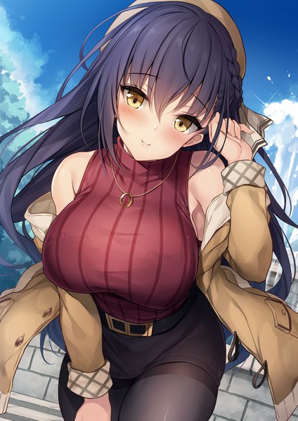 Anime picture 2894x4093 with makulove tachibana ayaka (makulove) xe (execut3r) single long hair tall image looking at viewer blush fringe highres breasts light erotic black hair smile hair between eyes large breasts standing bare shoulders yellow eyes payot